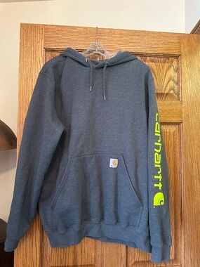 Carhartt Men’s Charcoal Crewneck Hoodie with Neon Yellow Sleeve Logo